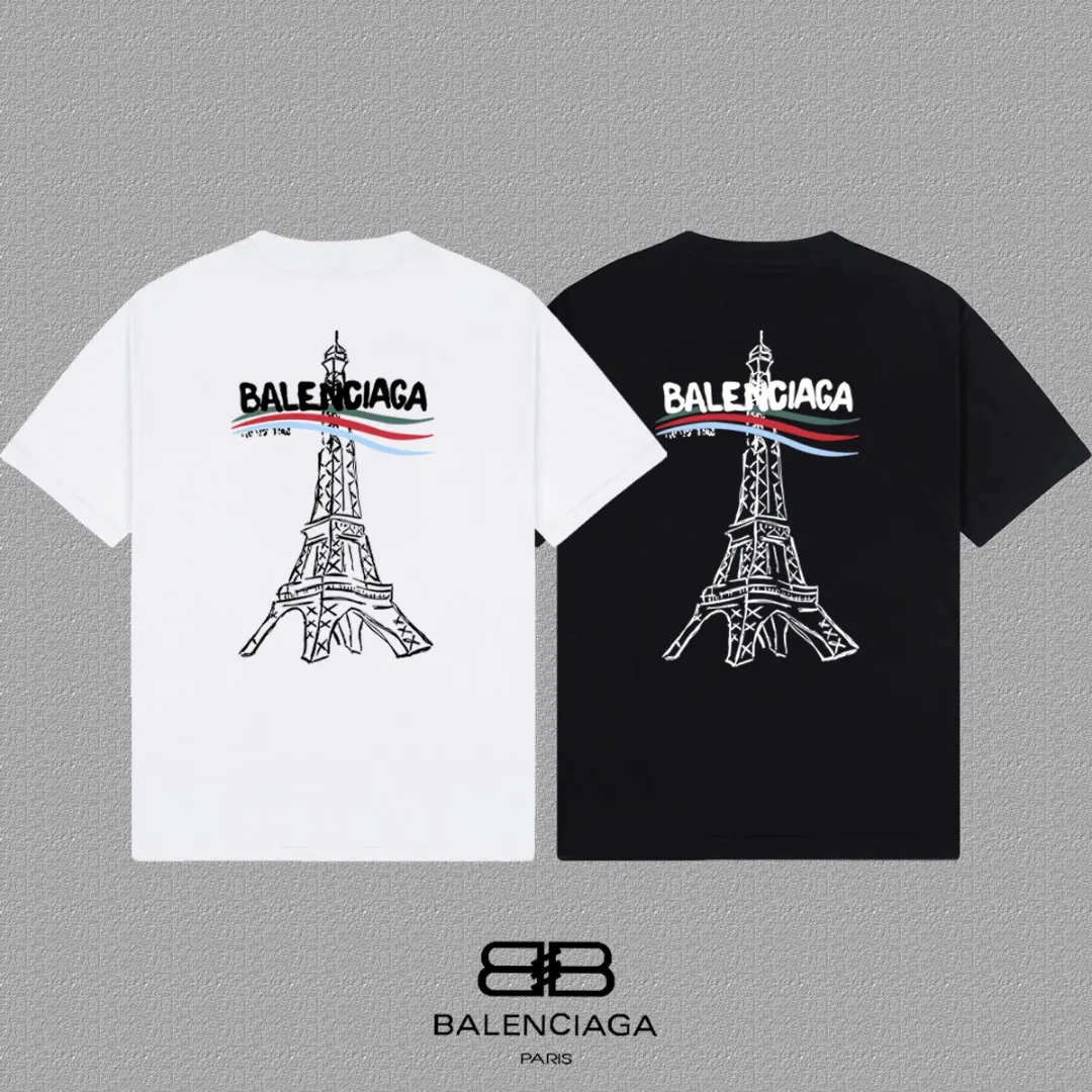 P80✨🔥 BALENCIAGA Paris lettering printed short-sleeved T-shirt. Custom-woven and dyed 300 grams of combed cotton heavyweight fabric. Zero color difference in threads. Perfect details. Different from the current currency version. Welcome to compare. Same Style for men and women. Must-sell in the picture above. Color: White Black Size: 1 2 3 4